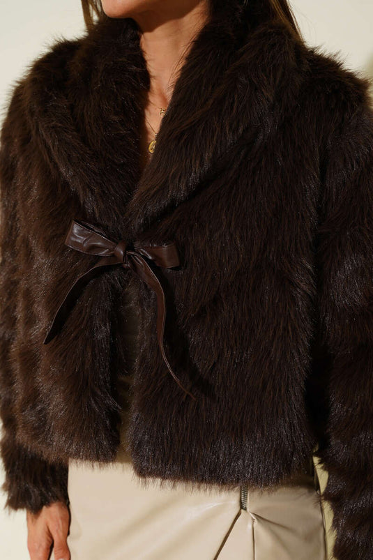 Fur Coat with Leather Bow Detail, Brown