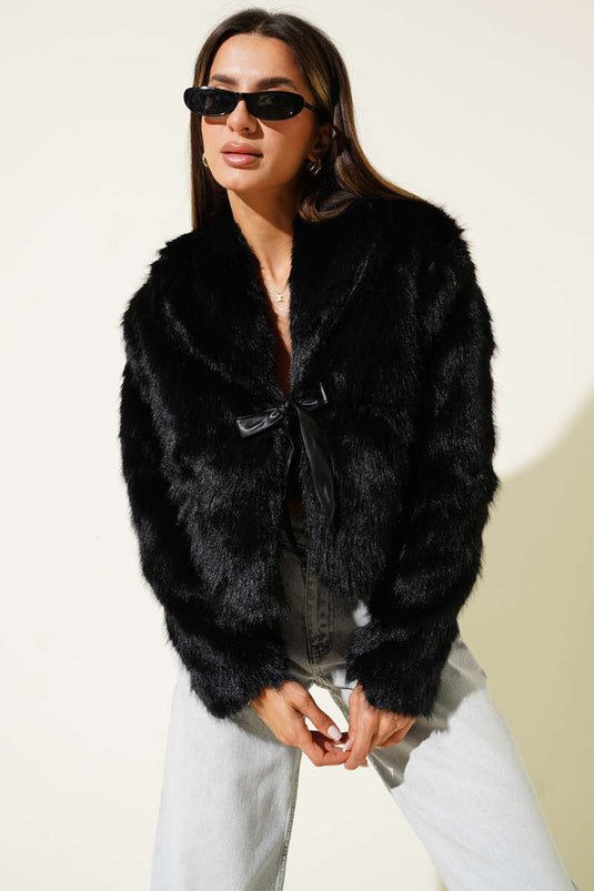 Fur Coat with Leather Bow Detail, Black
