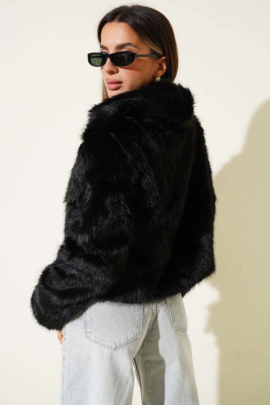 Fur Coat with Leather Bow Detail, Black