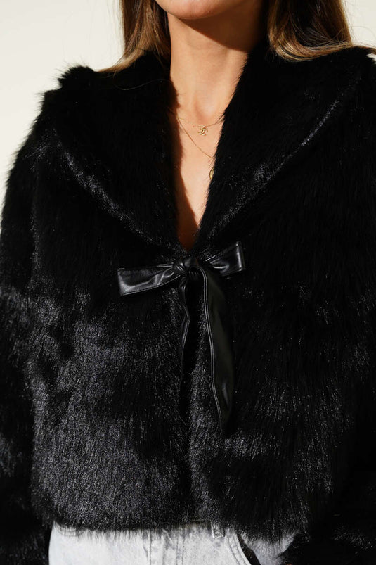 Fur Coat with Leather Bow Detail, Black