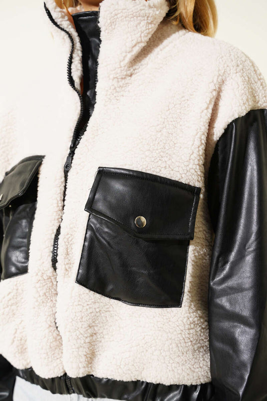 Deri Garnili Cepli Peluş Mont Siyah Bej