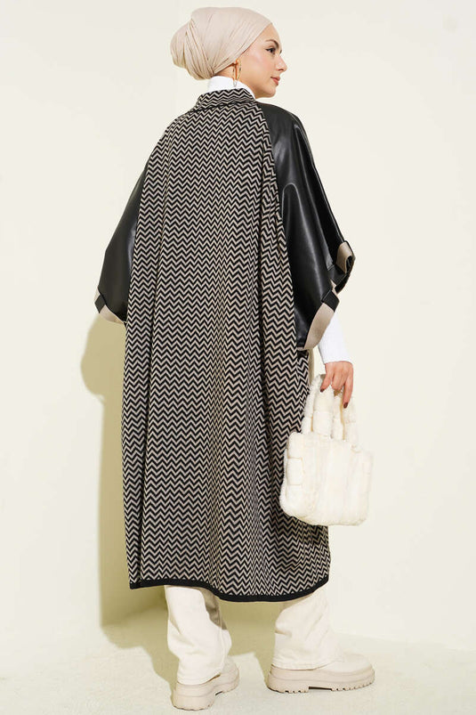 Leather Trimmed Zip-Up Poncho, Black