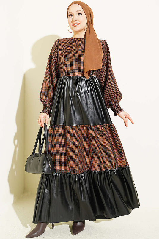 Robe Houndstooth En Cuir Marron