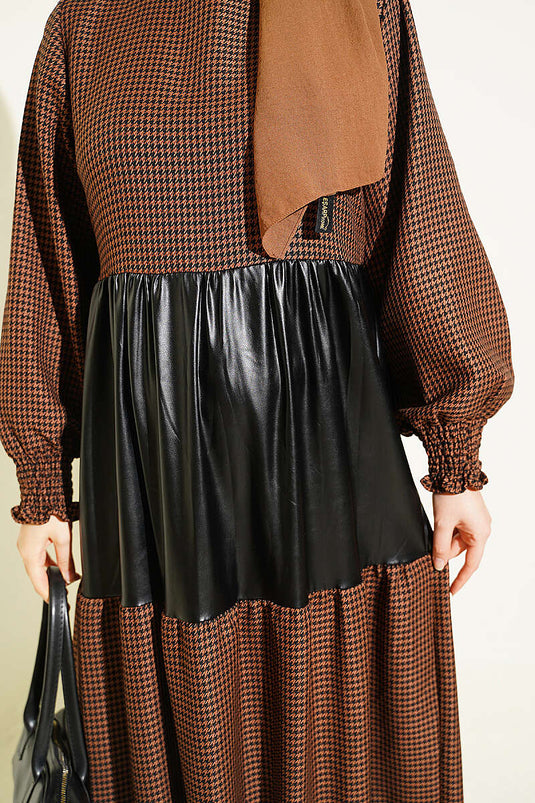 Robe Houndstooth En Cuir Marron