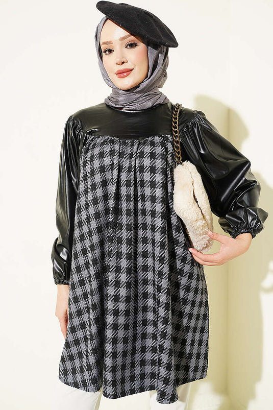 Tunique À Motif Pied-De-Poule Gris Avec Détails En Cuir