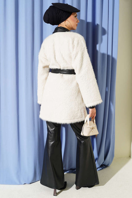 Leather Garnished Bearded Jacket Beige