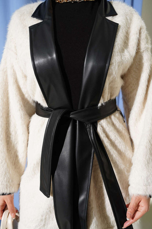 Leather Garnished Bearded Jacket Beige