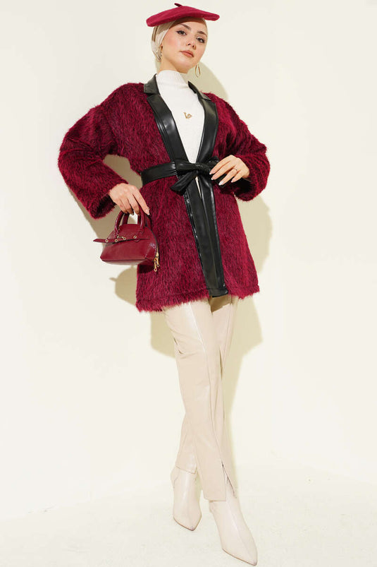 Leather Garnished Bearded Jacket Burgundy