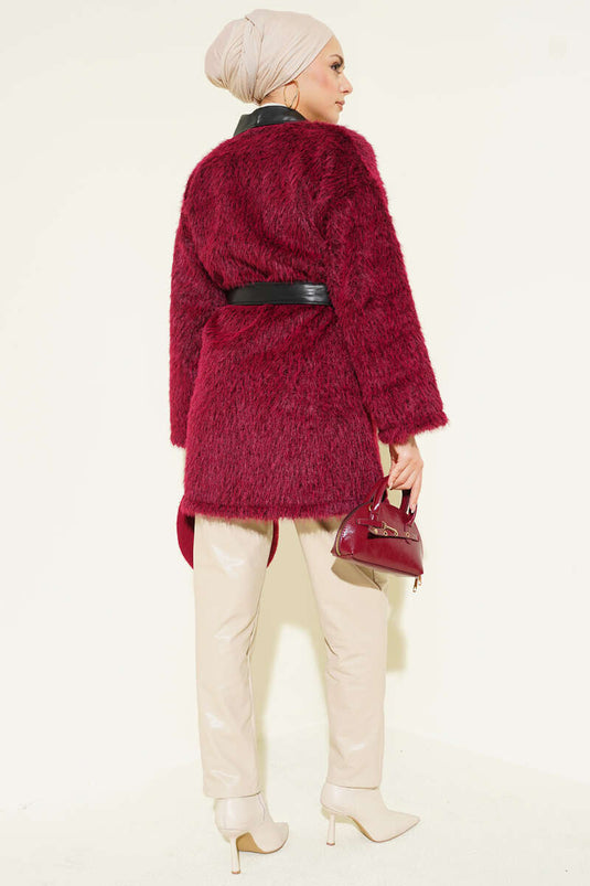 Leather Garnished Bearded Jacket Burgundy