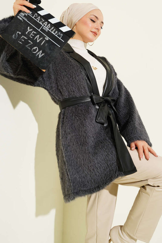 Deri Garnili Sakallı Ceket Füme