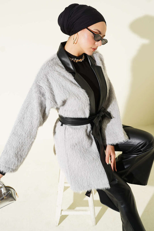 Deri Garnili Sakallı Ceket Gri