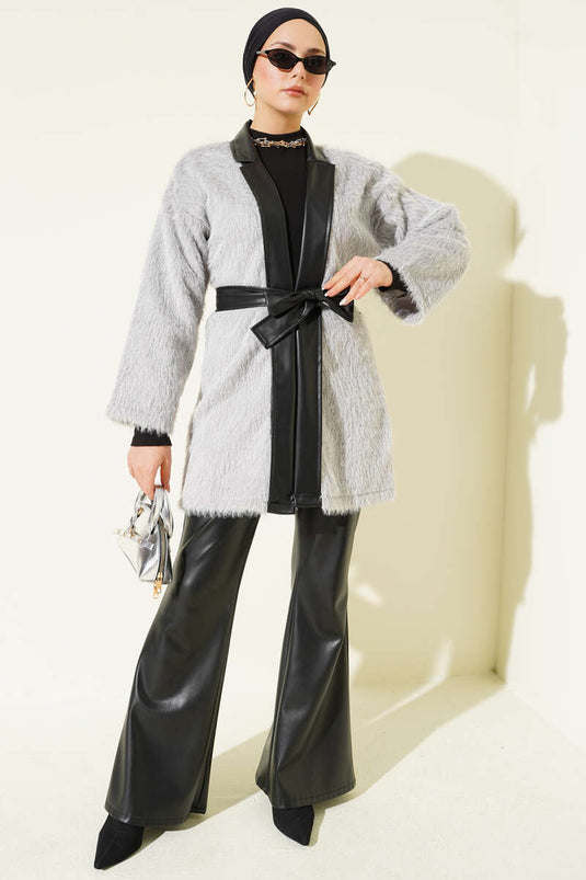 Leather Garnished Bearded Jacket Gray