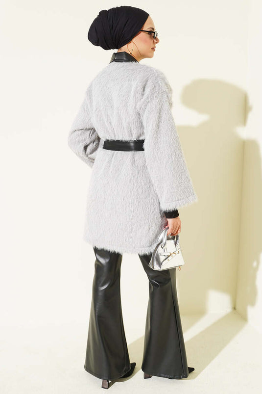 Leather Garnished Bearded Jacket Gray