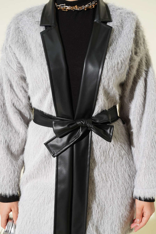 Deri Garnili Sakallı Ceket Gri