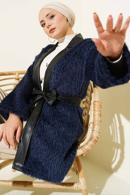 Deri Garnili Sakallı Ceket Lacivert