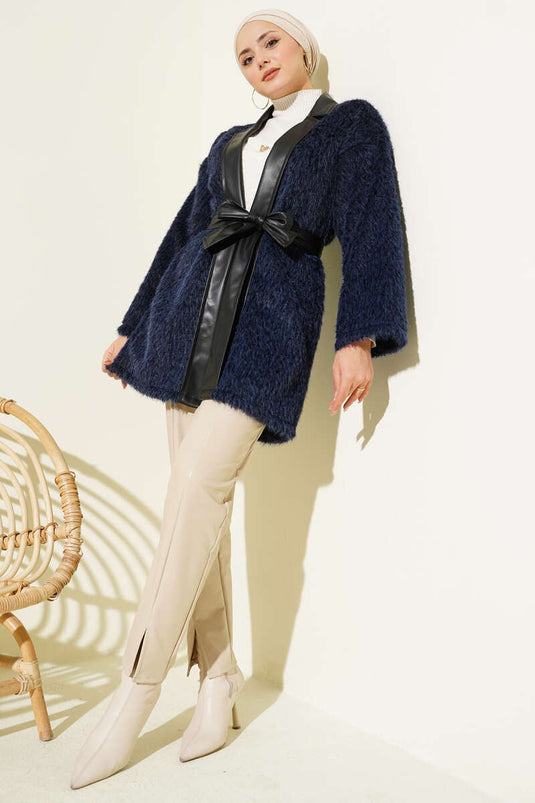 Leather Garnished Bearded Jacket Navy Blue