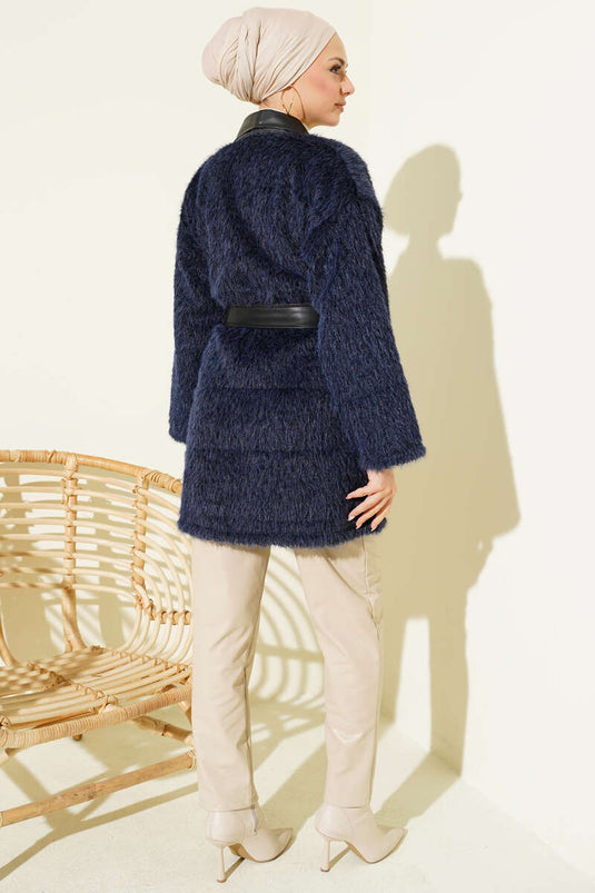 Leather Garnished Bearded Jacket Navy Blue