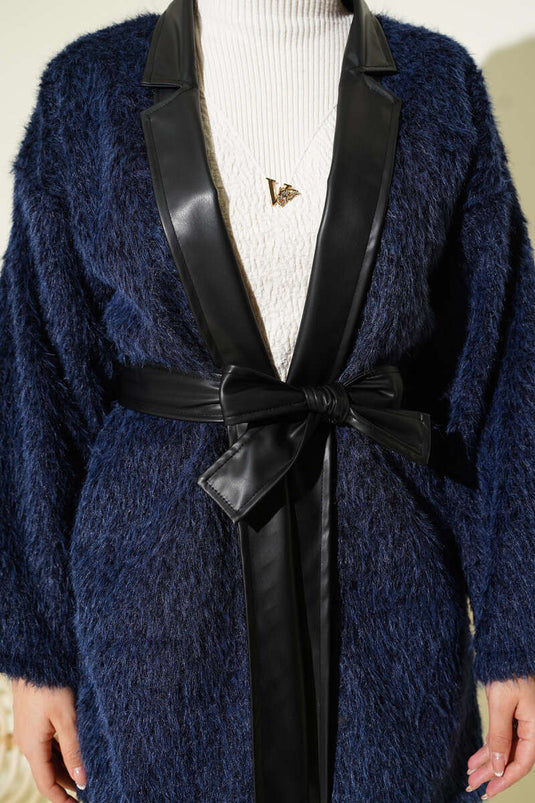 Deri Garnili Sakallı Ceket Lacivert