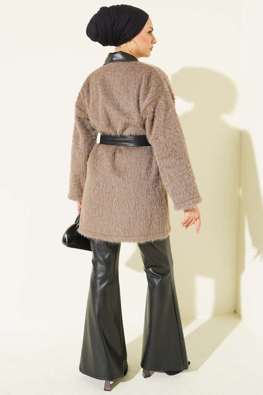 Leather Garnished Bearded Jacket Mink