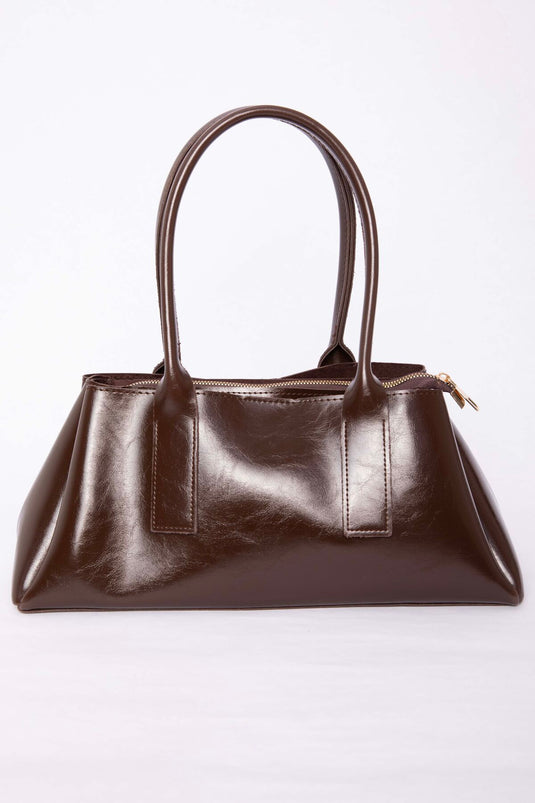 Leather-Look Zippered Hand & Shoulder Bag Brown