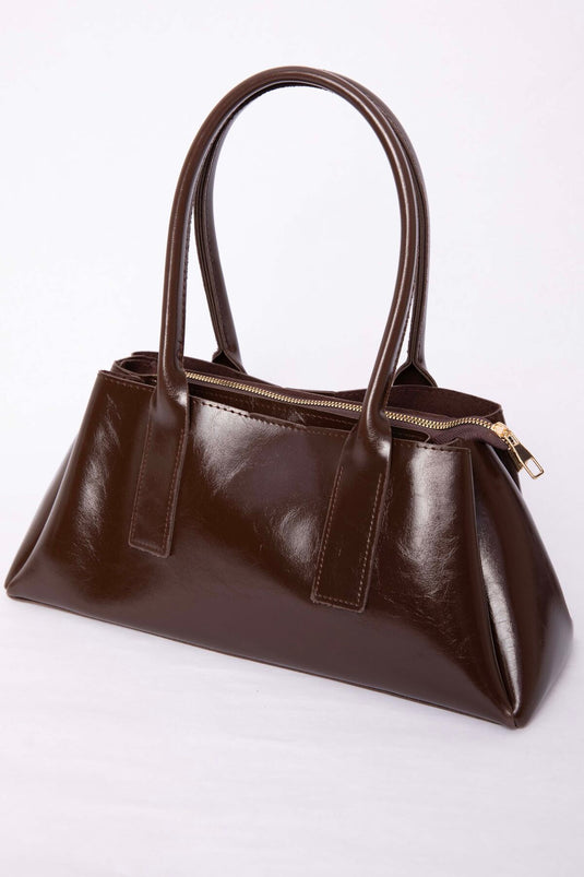 Leather-Look Zippered Hand & Shoulder Bag Brown