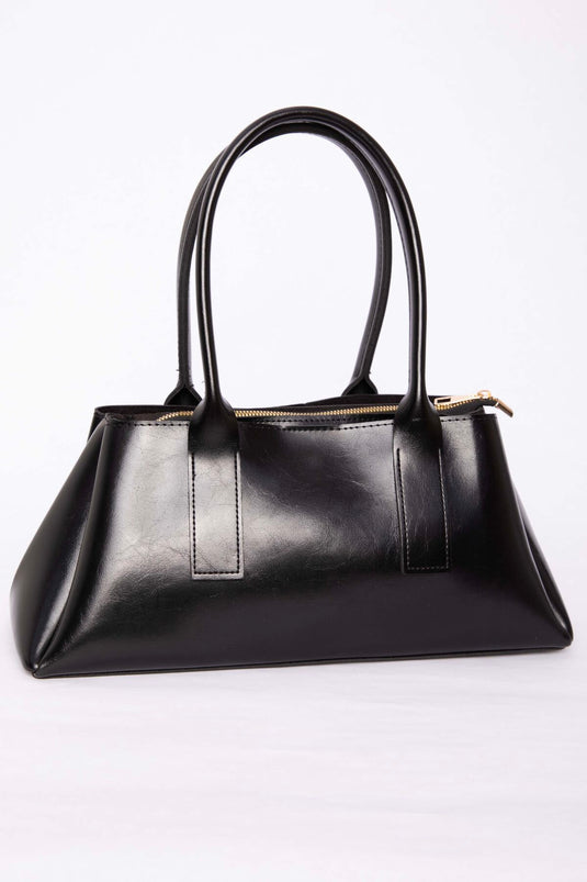 حقيبة يد وكتف بسحاب بمظهر الجلد باللون الأسود