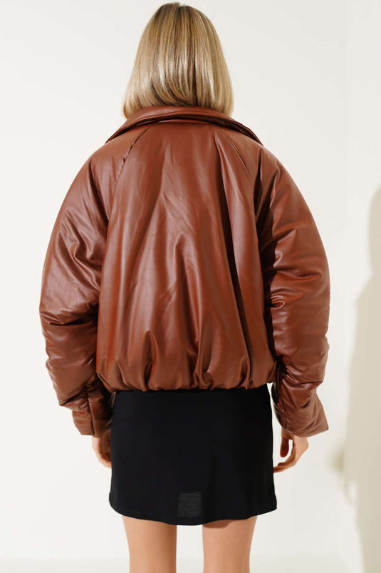 Leather Look Puffer Jacket Tan