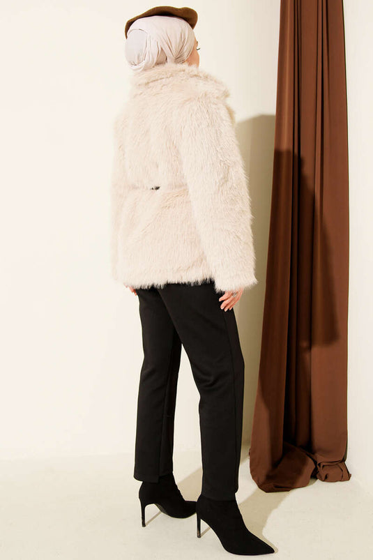 Fur Coat with Leather Belt, Beige