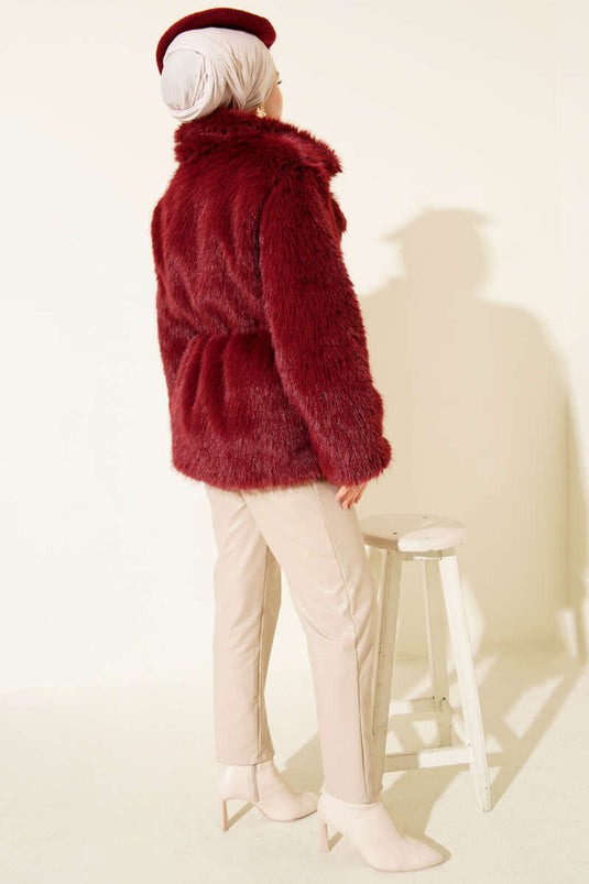 Fur Coat with Leather Belt, Burgundy