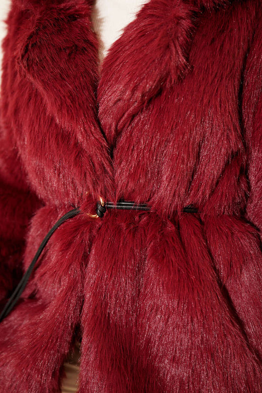 Deri İp Kuşaklı Kürk Mont Bordo