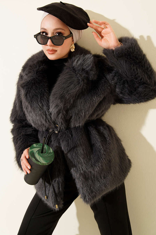 Leather Belted Fur Coat, Smoke Grey