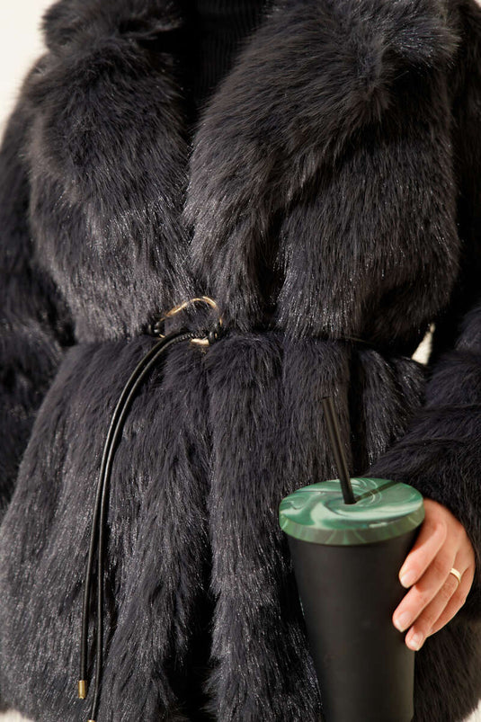 Leather Belted Fur Coat, Smoke Grey