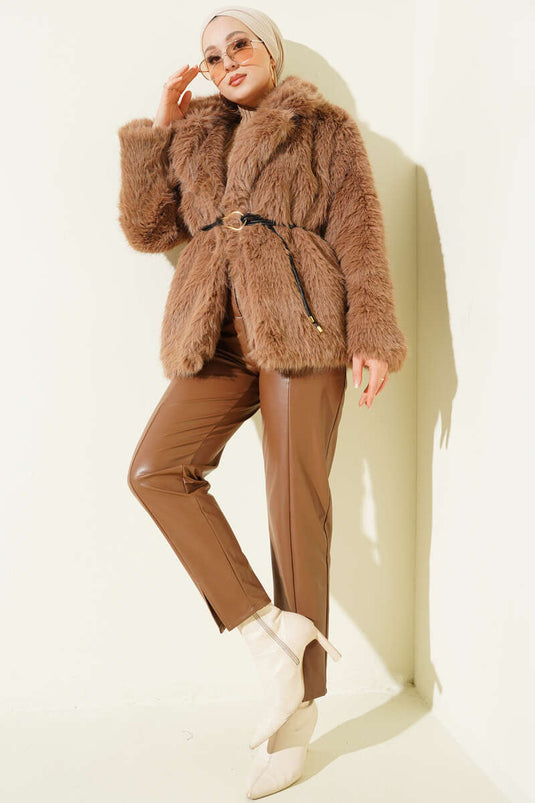 Leather Belted Fur Coat Latte