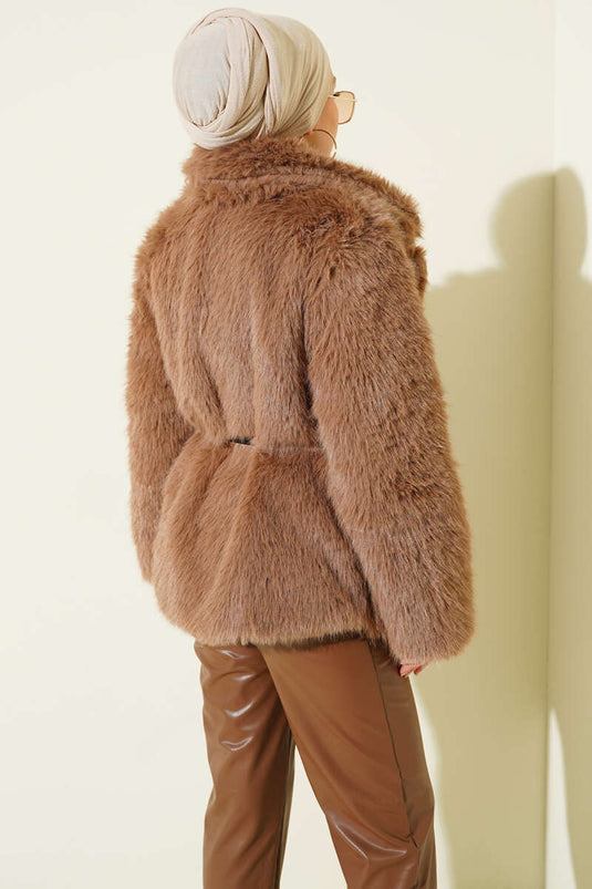 Leather Belted Fur Coat Latte