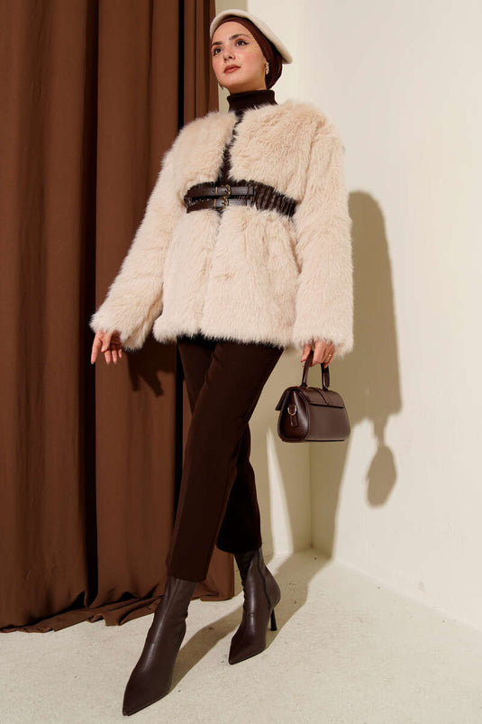 Beige Leather Belted Fur Jacket