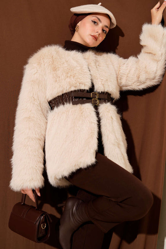 Beige Leather Belted Fur Jacket