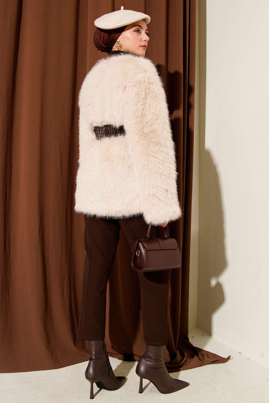 Beige Leather Belted Fur Jacket
