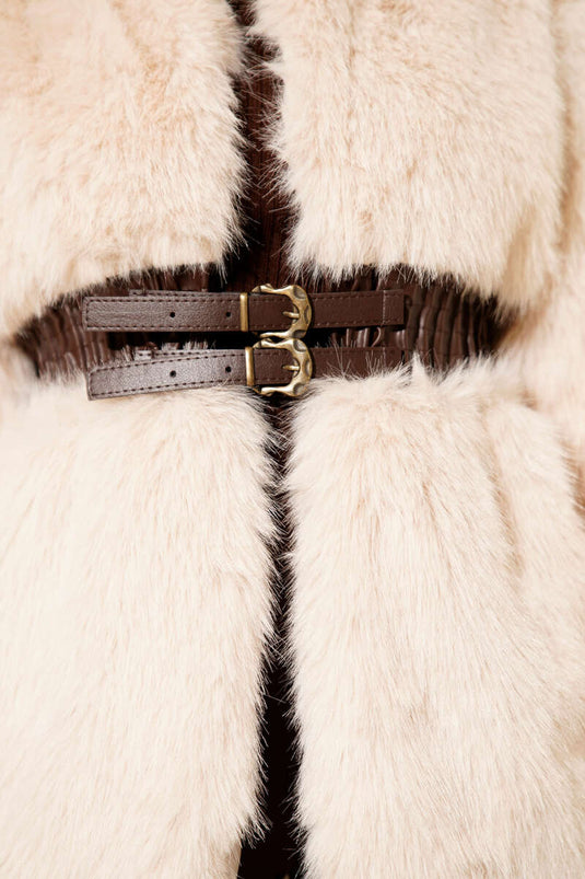 Beige Leather Belted Fur Jacket