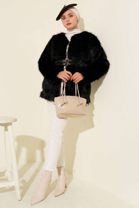 Deri Kemerli Kürklü Mont Siyah