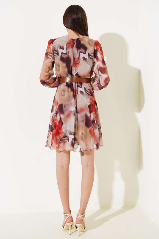 Leather Belted Midi Tulle Dress Brown