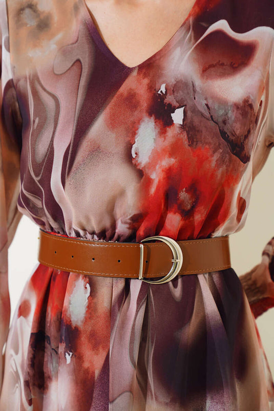 Robe midi en tulle marron avec ceinture en cuir