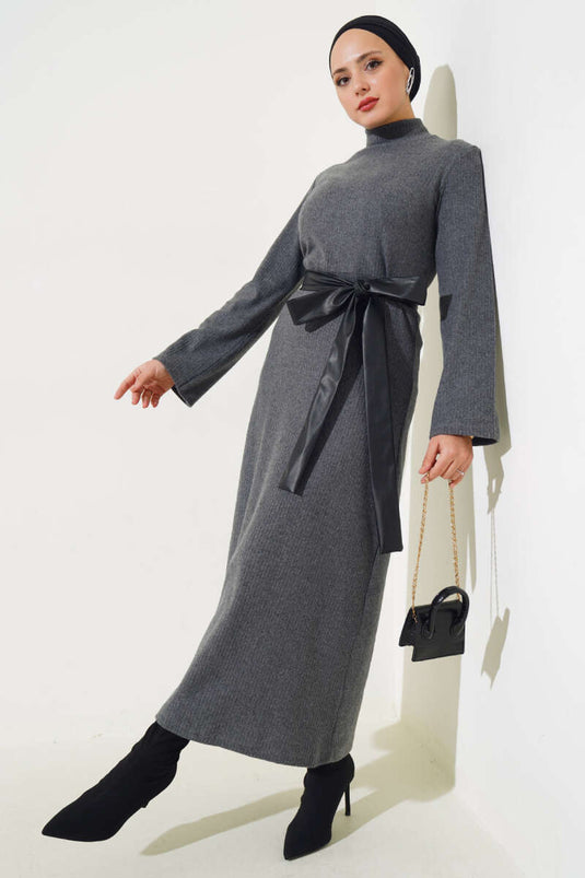 Fleece Belted Ribbed Dress Charcoal