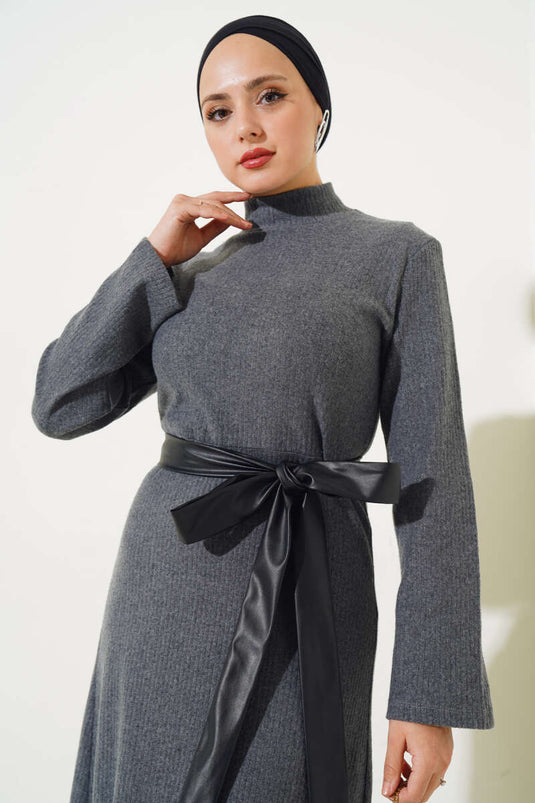Fleece Belted Ribbed Dress Charcoal