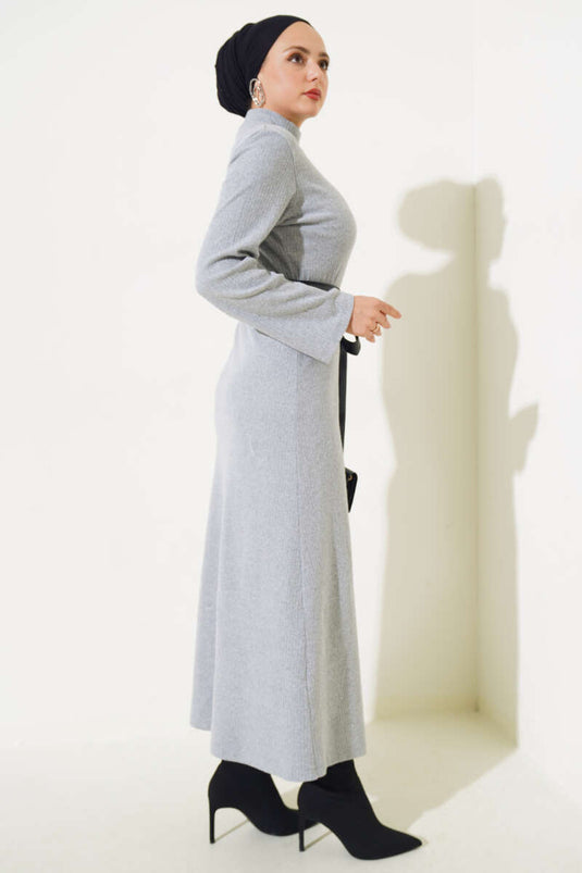 Deri Kuşaklı Fitilli Elbise Gri