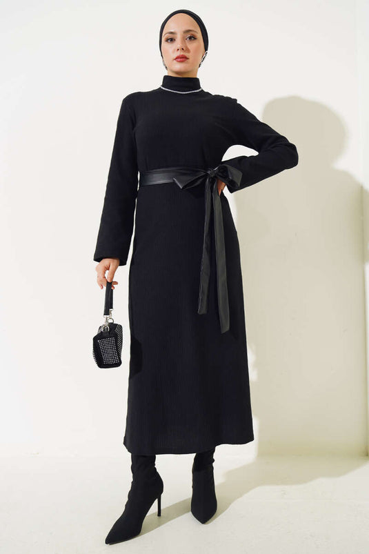 Corduroy Belted Dress Black