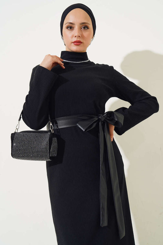 Corduroy Belted Dress Black