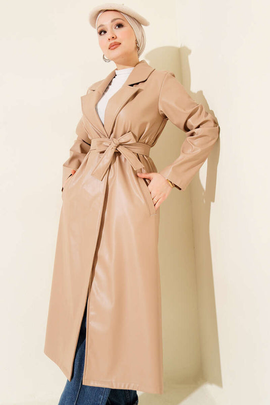 Deri Kuşaklı Kruvaze Yaka Trençkot Latte