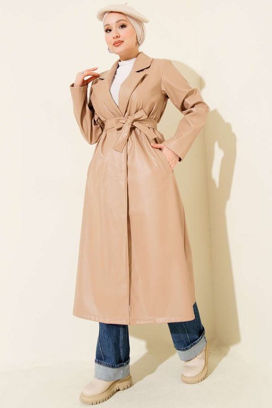 Leather Belted Double-Breasted Collar Trench Coat Latte