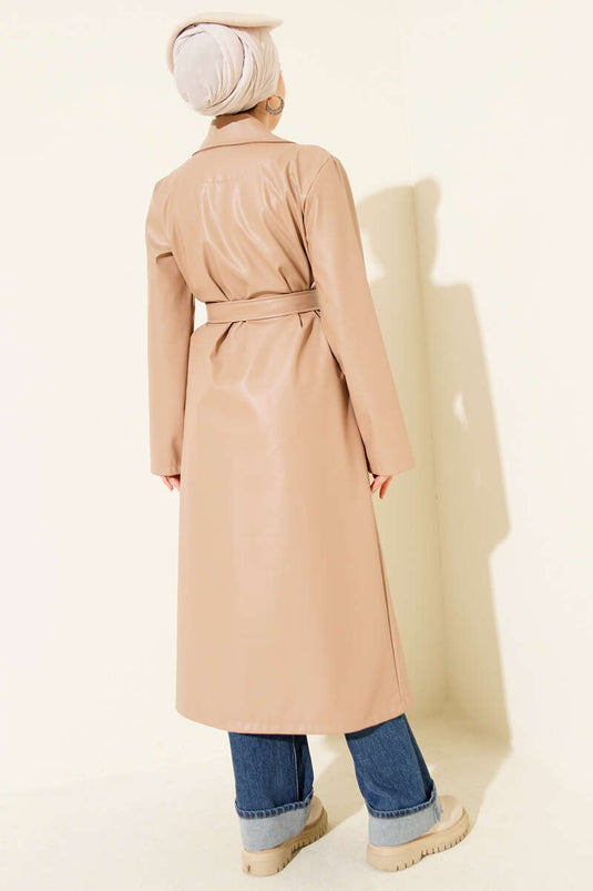 Leather Belted Double-Breasted Collar Trench Coat Latte