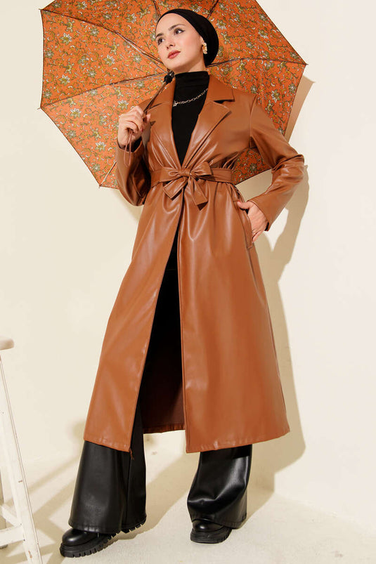 Leather Belted Double-Breasted Trench Coat Tan